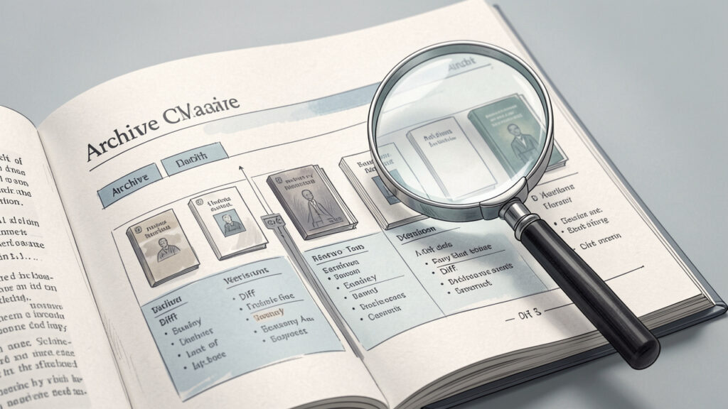 Illustration éditoriale réaliste d’une page d’encyclopédie ouverte avec une loupe grossissant des versions successives et une vue comparative type diff.