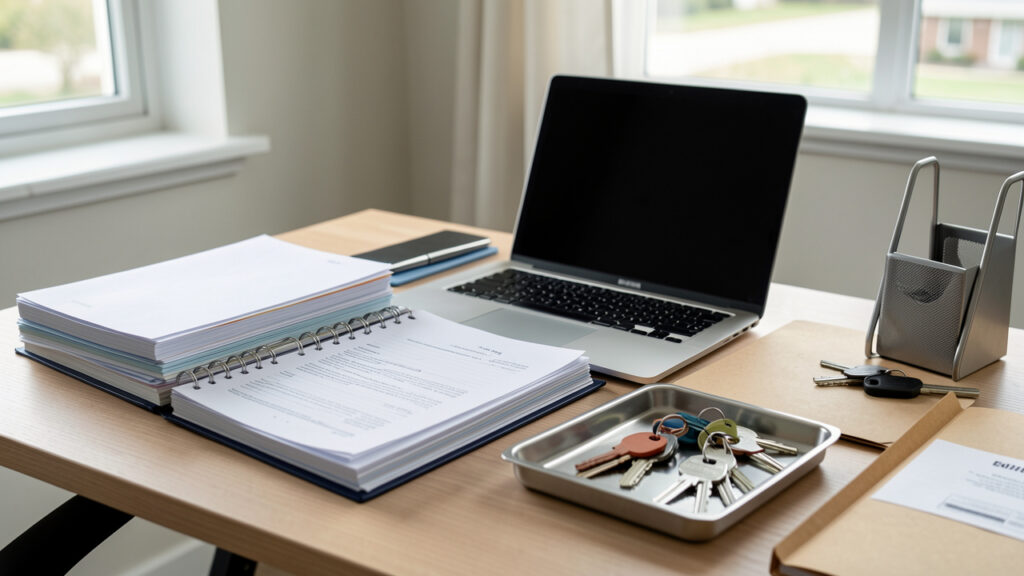 Bureau de gestion immobilière moderne avec des dossiers, un ordinateur portable ouvert et un plateau de clés d’appartement.