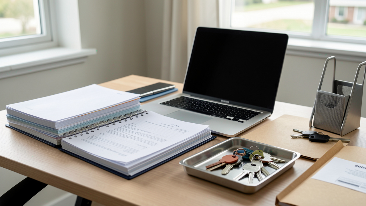 Bureau de gestion immobilière moderne avec des dossiers, un ordinateur portable ouvert et un plateau de clés d’appartement.