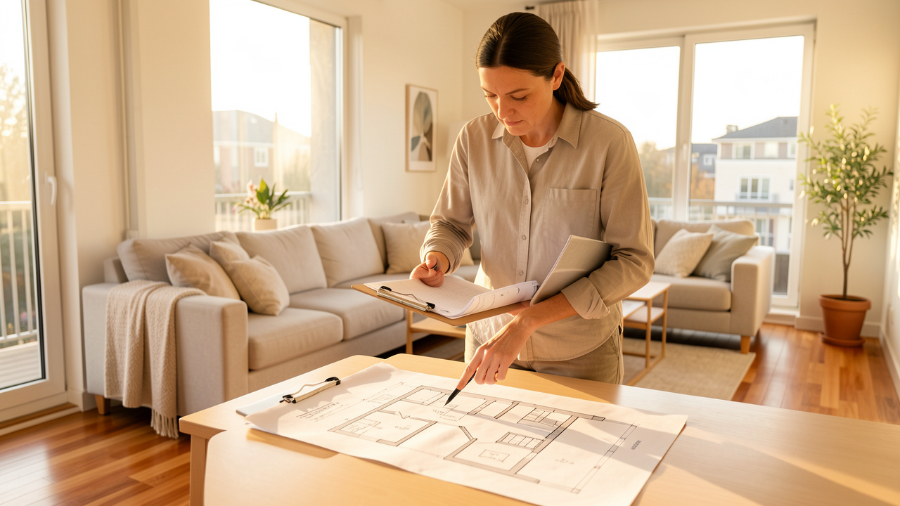 Professionnel de l’immobilier consultant des documents techniques dans un appartement lumineux et moderne, près d’une table avec un plan d’aménagement.