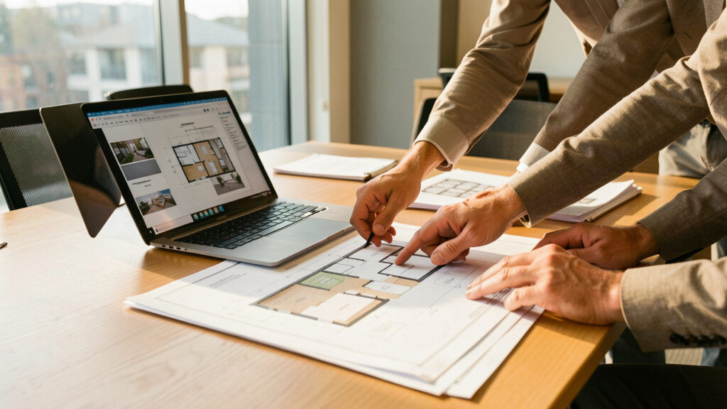 Table de réunion dans un bureau moderne avec plans immobiliers, ordinateur portable et experts discutant autour de l’agencement.