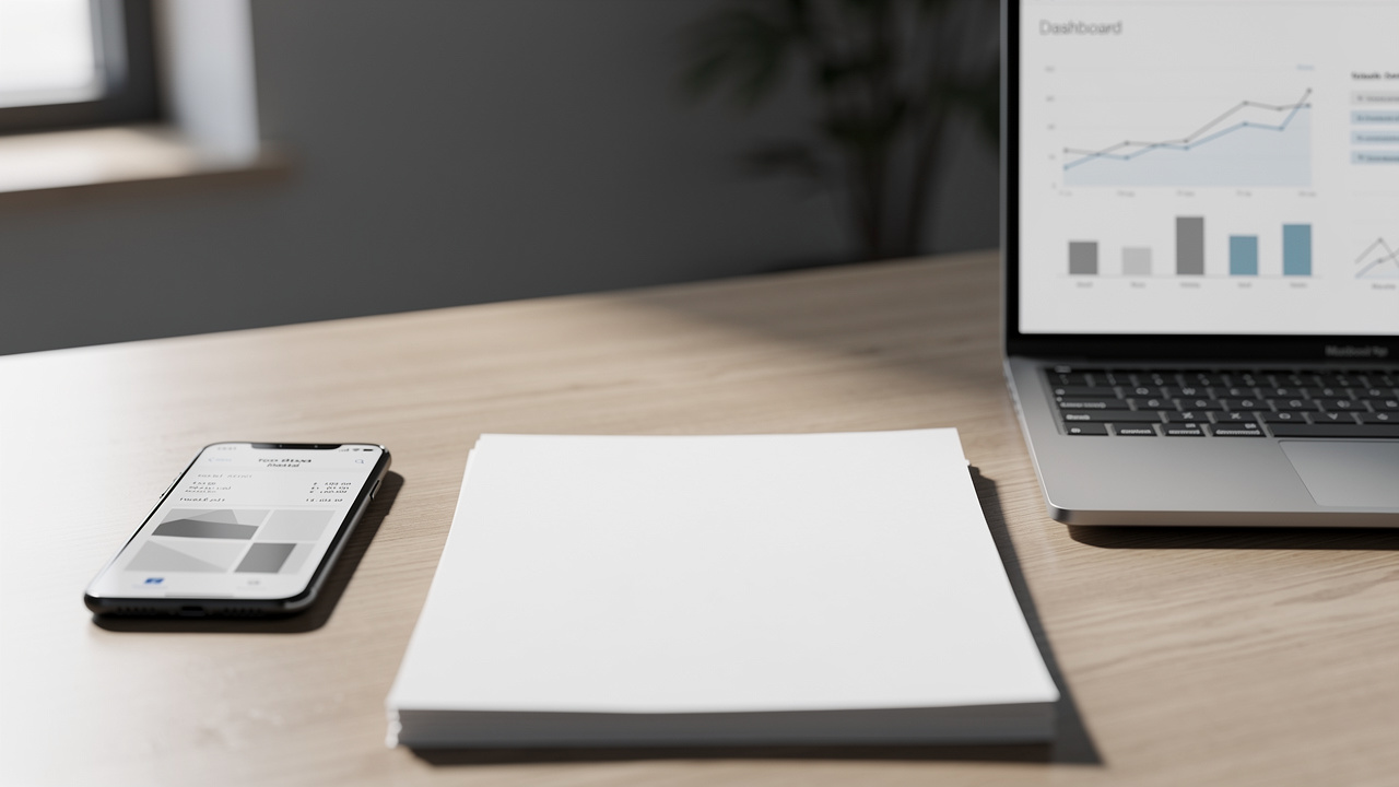 Vue rapprochée d’un bureau de coworking sobre avec des documents vierges, un smartphone affichant un reçu numérisé abstrait et un ordinateur présentant des graphiques financiers sans éléments lisibles.
