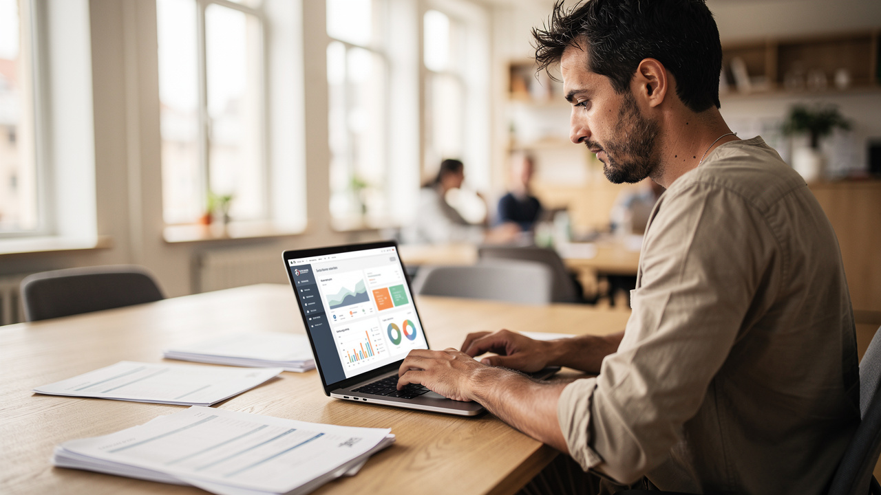 Un homme freelance français travaille sur un ordinateur dans un espace de coworking lumineux, avec des documents comptables soigneusement rangés sur le bureau.