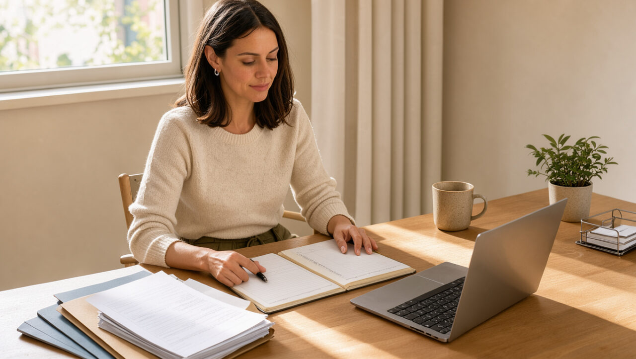 Femme freelance organisant des documents professionnels et un planning vierge dans un bureau lumineux devant un ordinateur portable